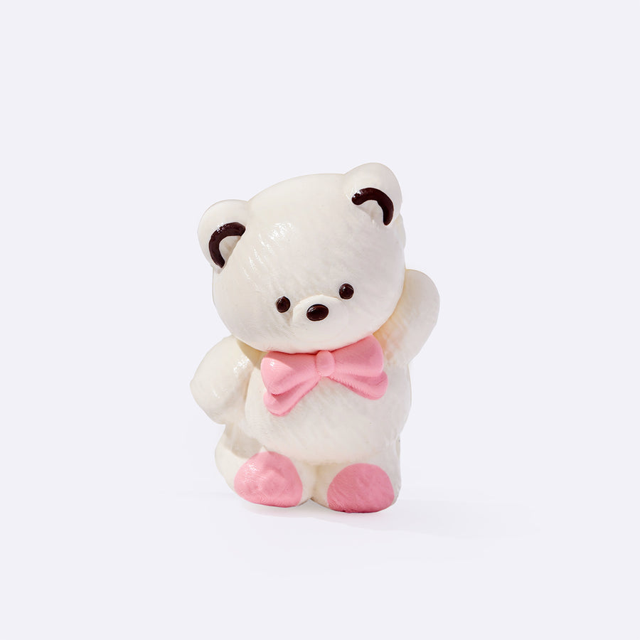 Beige Waving Bear with Pink Bow